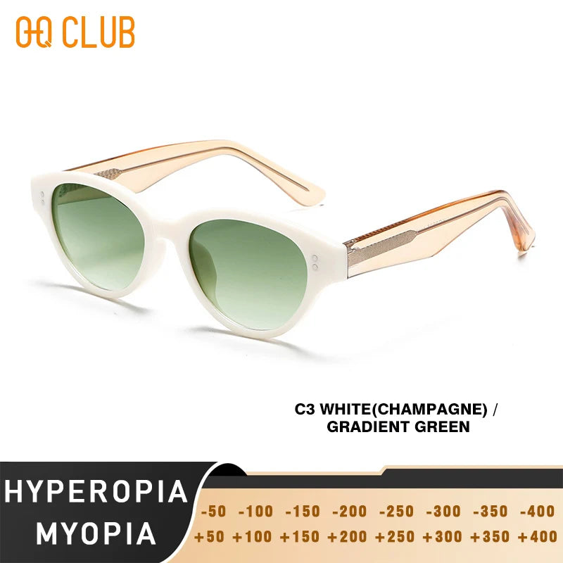 Sunglasses with white frame and gradient green lenses on a white background, featuring the brand 'QQ Club'.