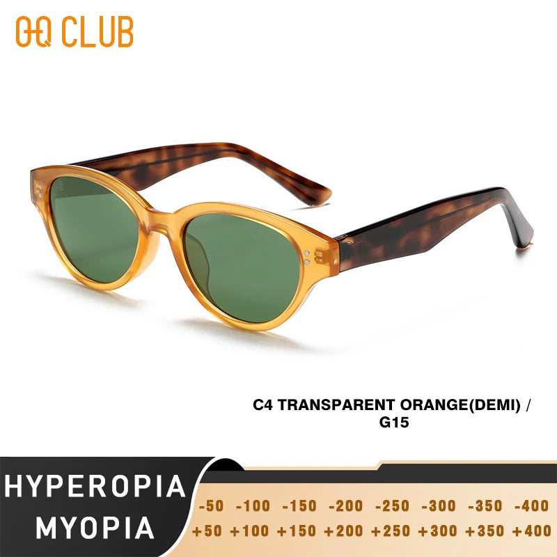 Sunglasses with transparent orange frame and green lenses on a white background, featuring the brand 'QQ Club'.
