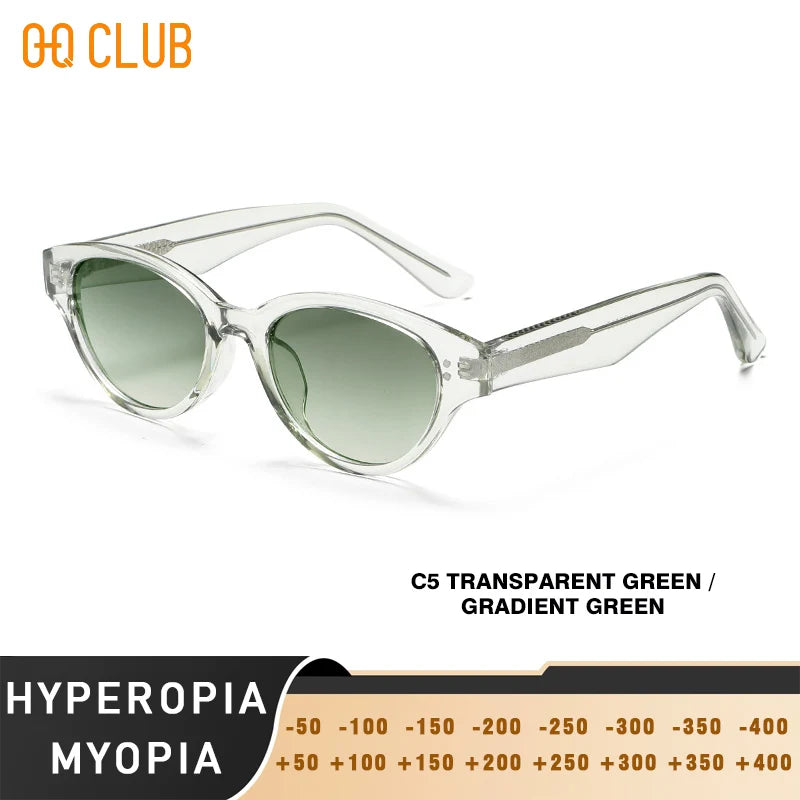 Transparent green sunglasses with gradient effect on a white background, featuring the brand 'QQ Club'.