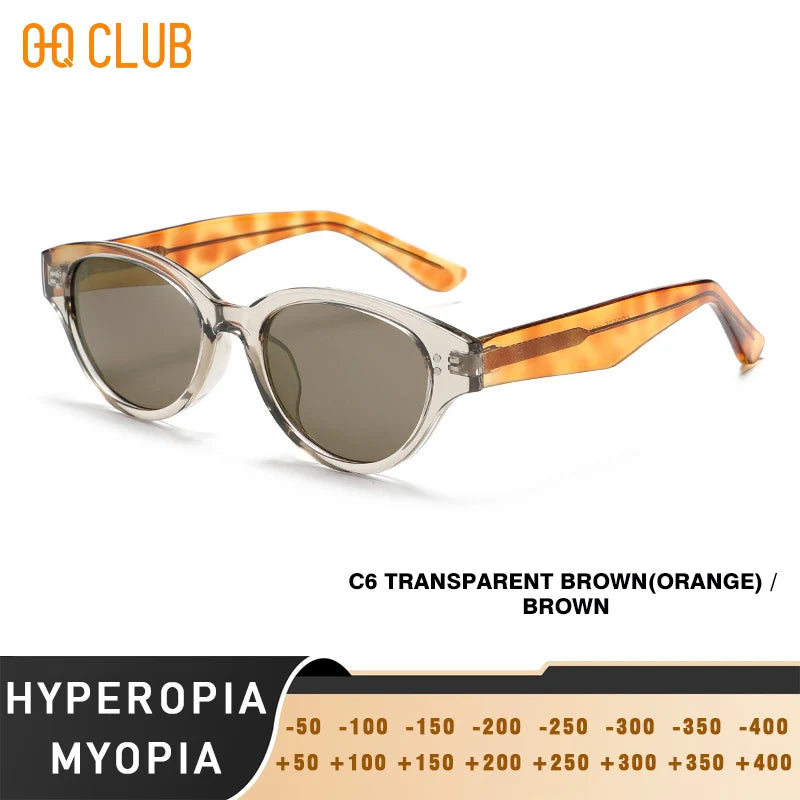 Sunglasses with transparent brown and orange frame on a white background, featuring the brand 'QQ Club'.