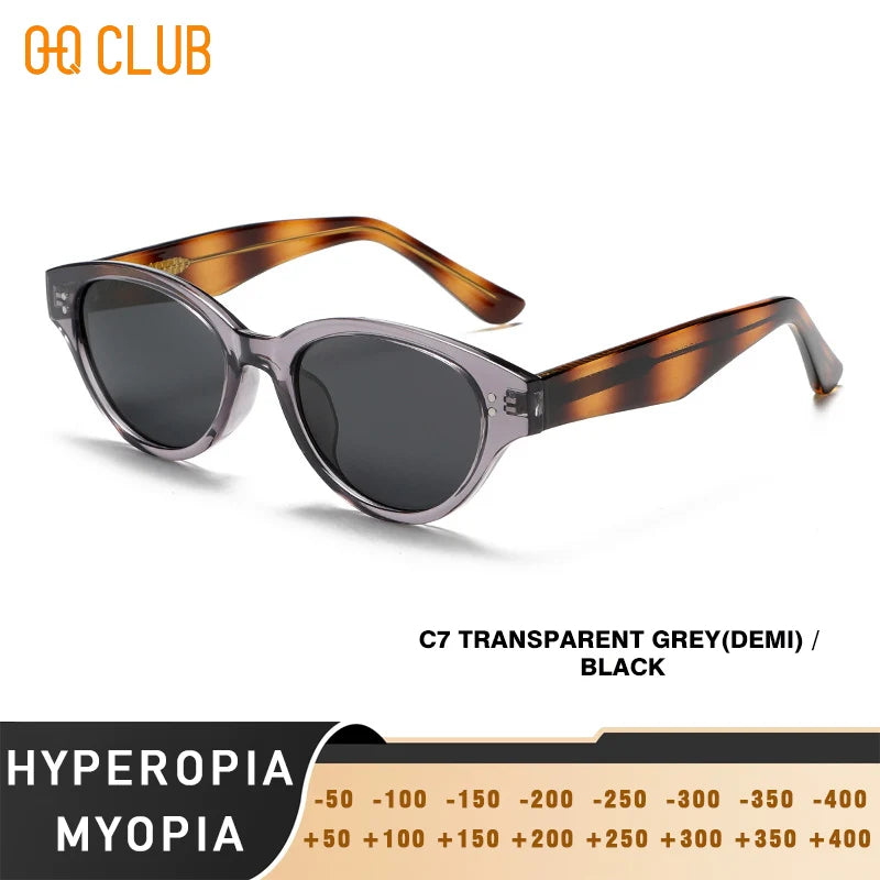Sunglasses with tortoiseshell frame and dark lenses on a white background, featuring the brand 'QQ Club'.